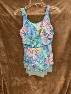 MODLILY®Tummy Control Floral Print Cyan One Piece Swimdress